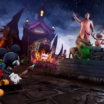 Nhân vật Mickey Mouse trong trang phục đua xe đang cầm cọ vẽ phép thuật, đứng trước bức tượng Walt Disney, biểu tượng của game Disney Speedstorm.