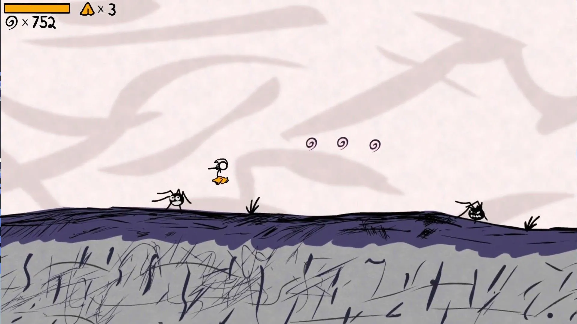 Nhân vật người que đang nhảy qua những con nhện trong tựa game platformer The Fancy Pants Adventures.
