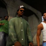 Nhóm nhân vật Grove Street Gang thư thái dạo bước trong Grand Theft Auto San Andreas, thể hiện trải nghiệm chơi game ở chế độ dễ