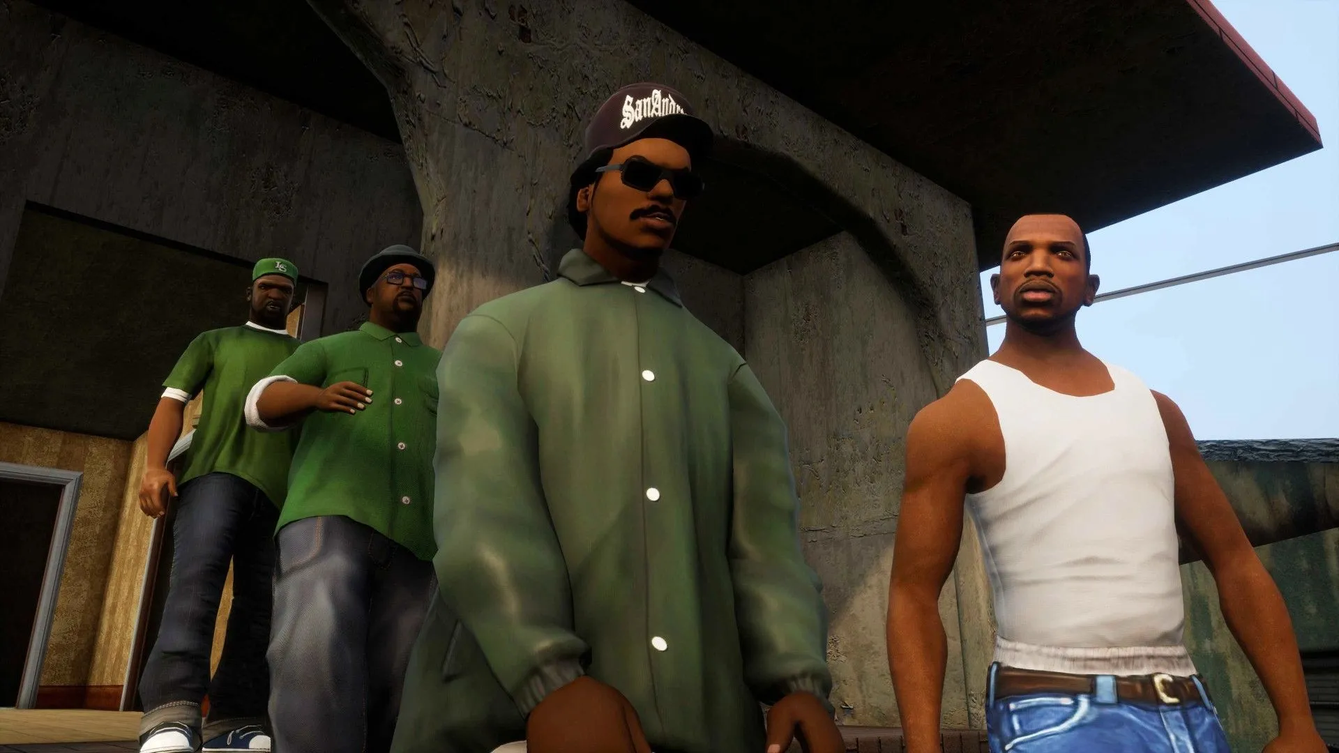 Nhóm nhân vật Grove Street Gang thư thái dạo bước trong Grand Theft Auto San Andreas, thể hiện trải nghiệm chơi game ở chế độ dễ