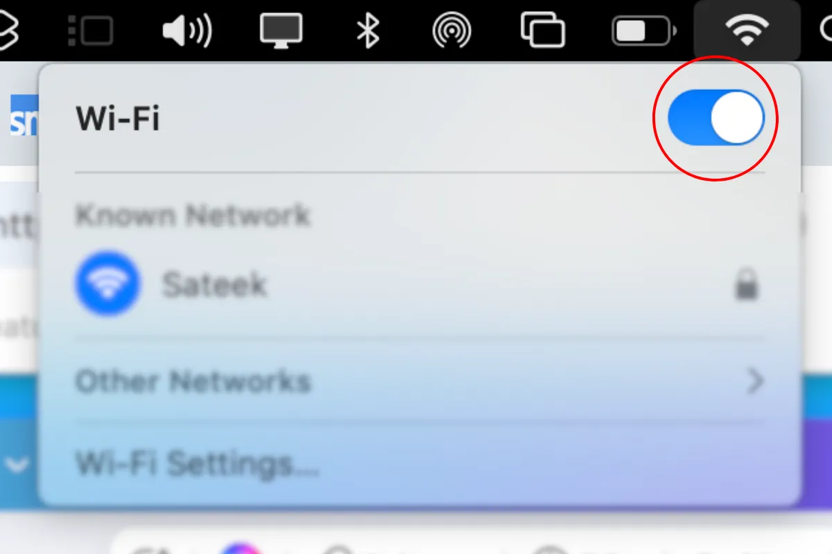 Nút chuyển đổi trạng thái Wi-Fi trên thanh menu MacBook.