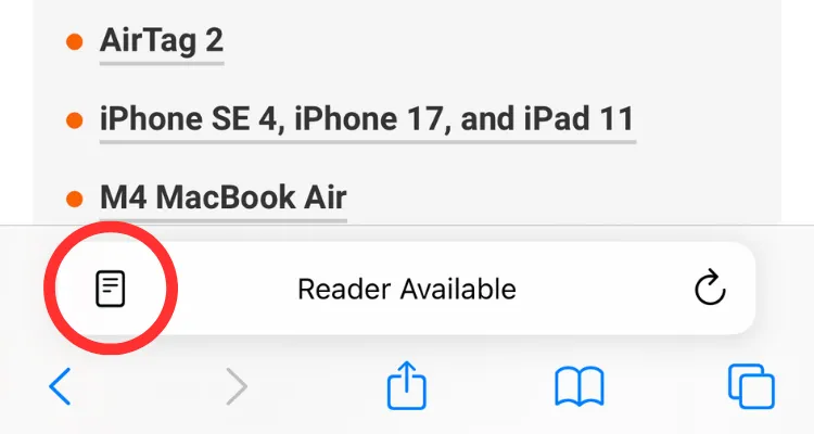 Nút Reader trên Safari