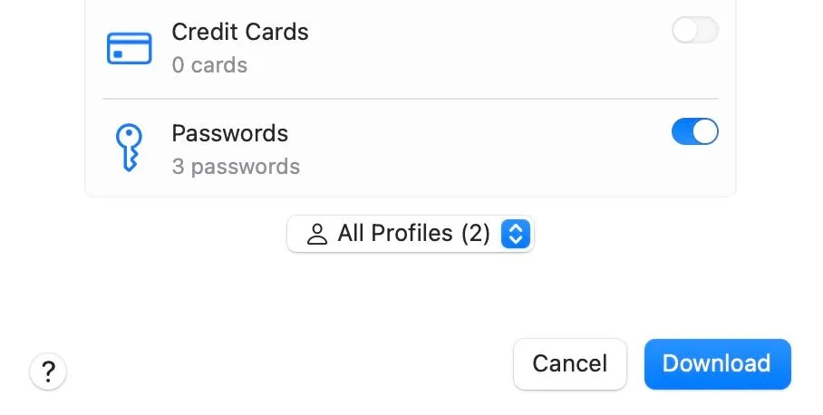 Nút &quot;Tải về&quot; trong công cụ xuất dữ liệu Safari trên máy Mac.
