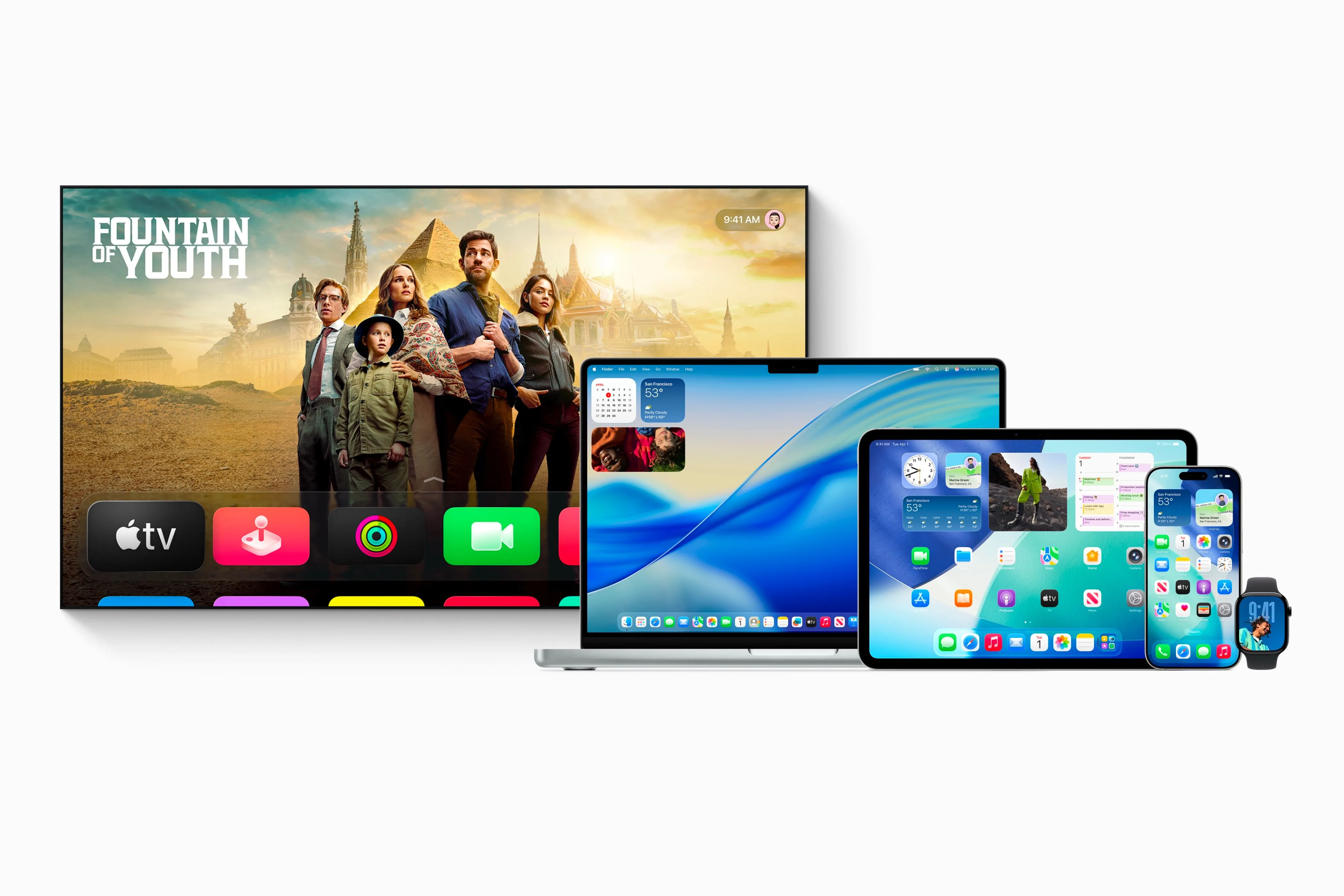 OS 26 đang hiển thị trên iPhone, iPad, Apple Watch, Mac và Apple TV.