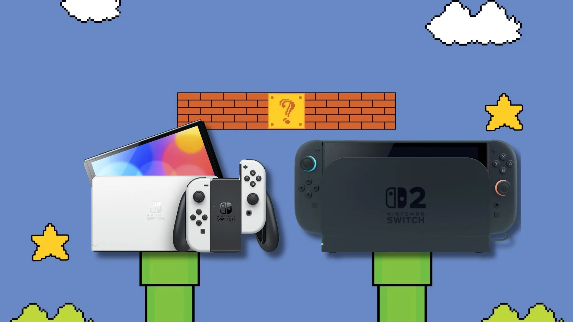 So sánh kích thước và thiết kế Nintendo Switch OLED và Switch 2 trên nền Mario, làm nổi bật sự khác biệt về công nghệ màn hình.