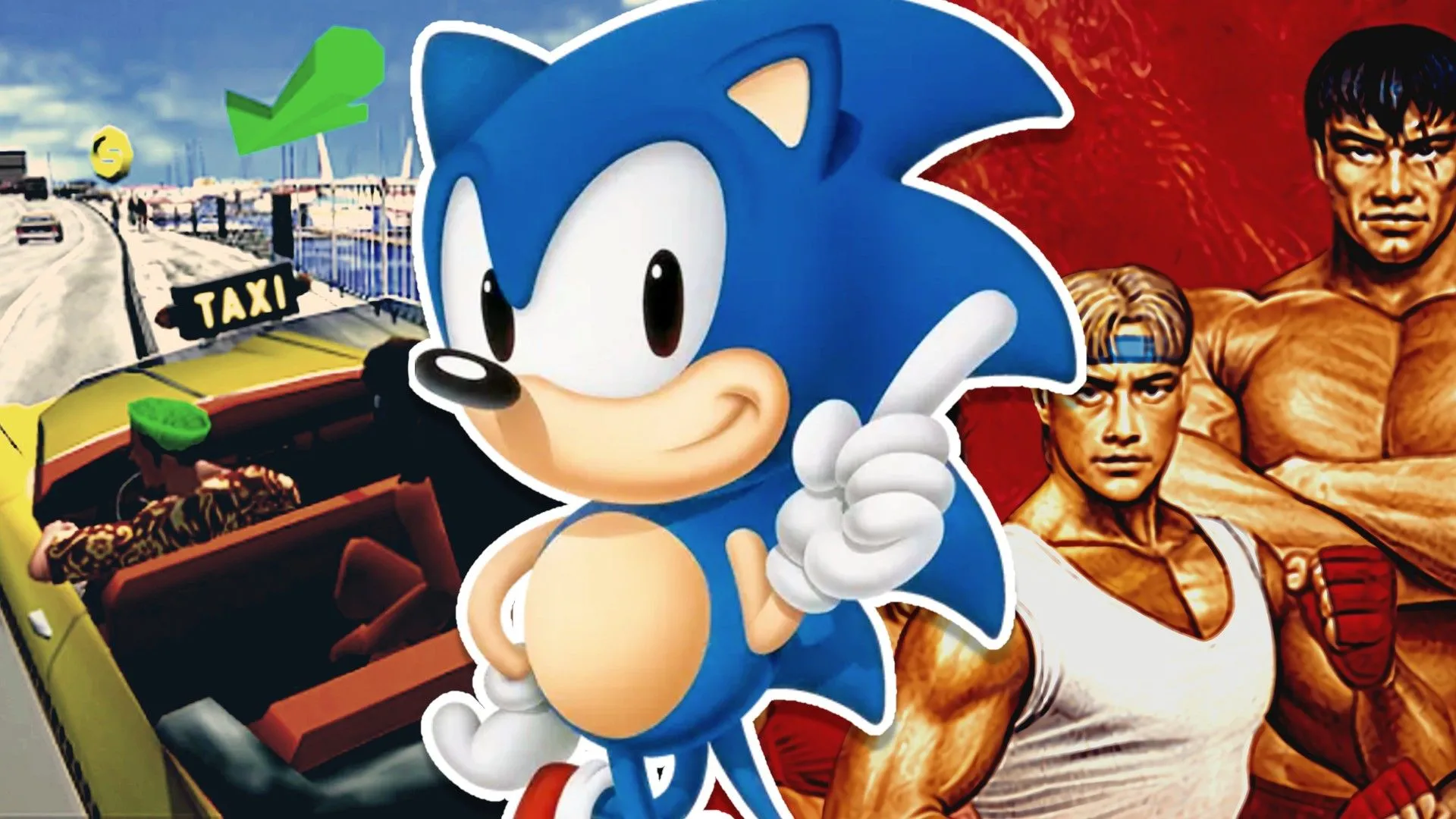 Tài xế taxi và hành khách từ Crazy Taxi, Sonic từ Sonic the Hedgehog, và các chiến binh từ Streets of Rage