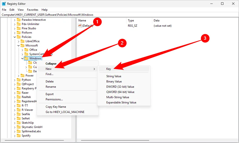 Thao tác tạo khóa Registry mới trong Registry Editor.