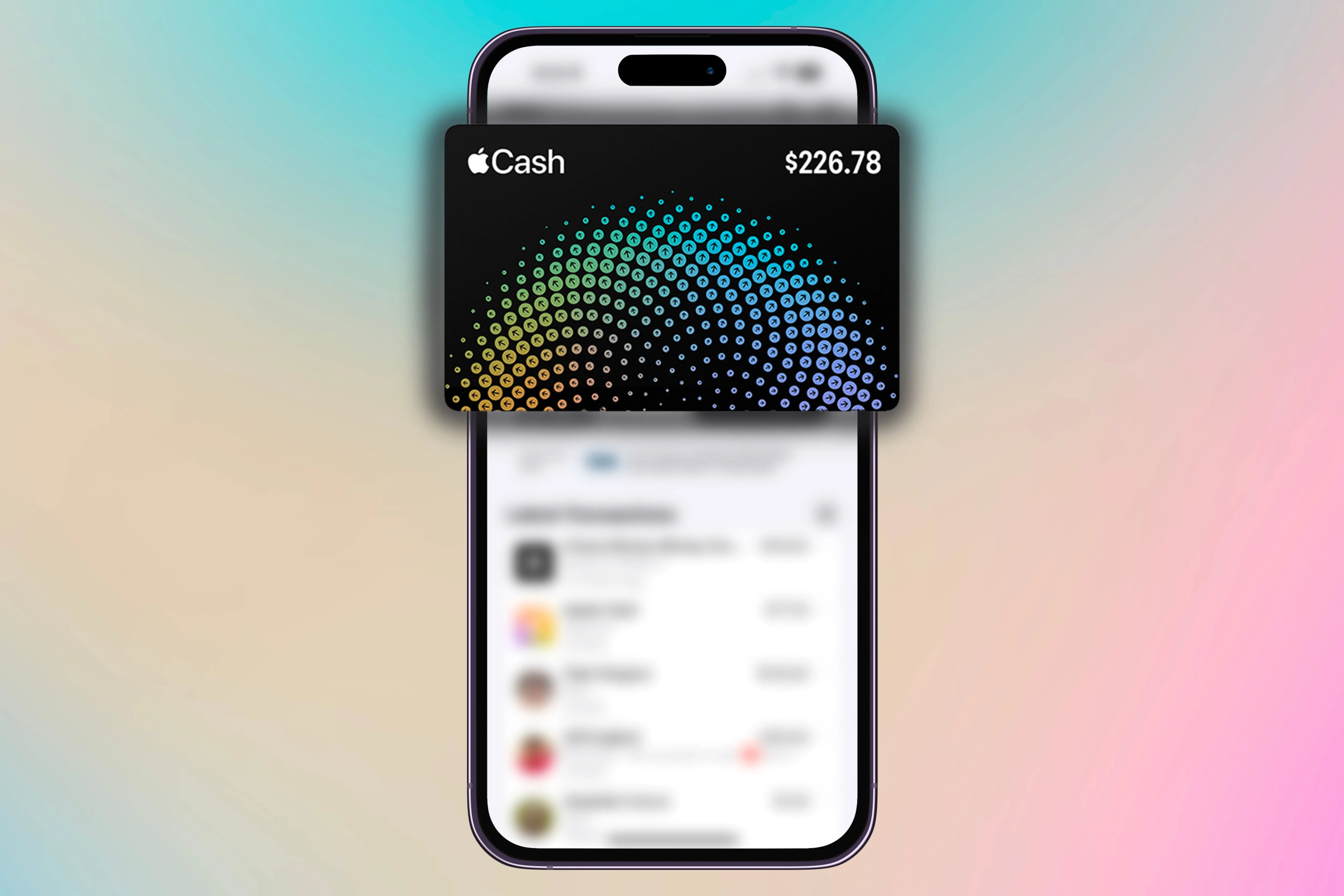 Thẻ Apple Cash nổi bật trên nền đầy màu sắc, hiển thị các giao dịch khác nhau.