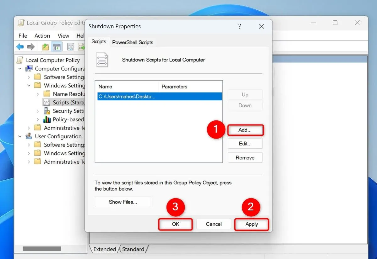 Thêm script dọn dẹp file tạm vào phần &quot;Shutdown Properties&quot; trong Local Group Policy Editor