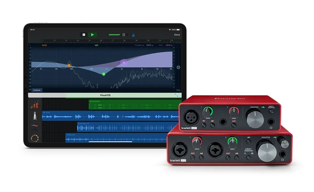 Thiết bị âm thanh Focusrite kết nối với iPad Pro, mở rộng khả năng sáng tạo âm nhạc.