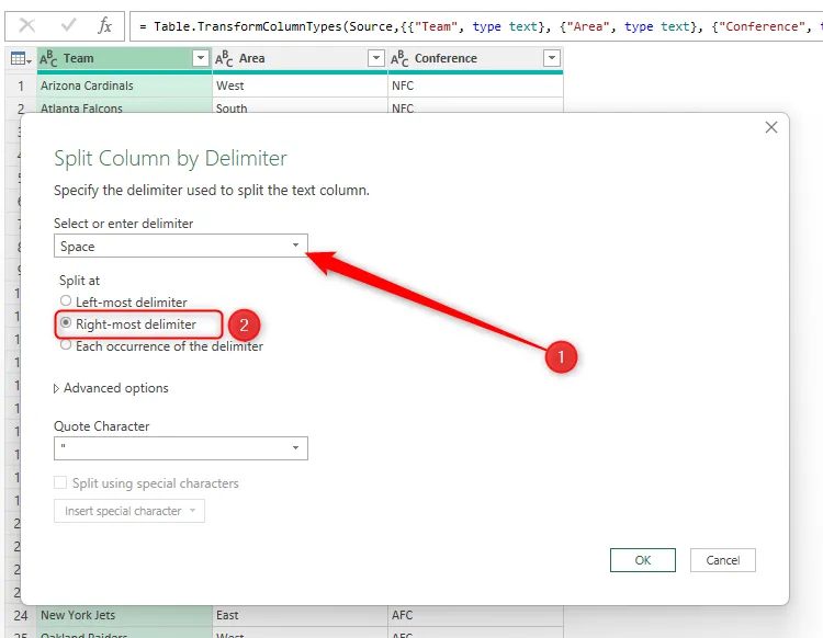 Thiết lập dấu phân cách và vị trí tách trong Power Query Editor