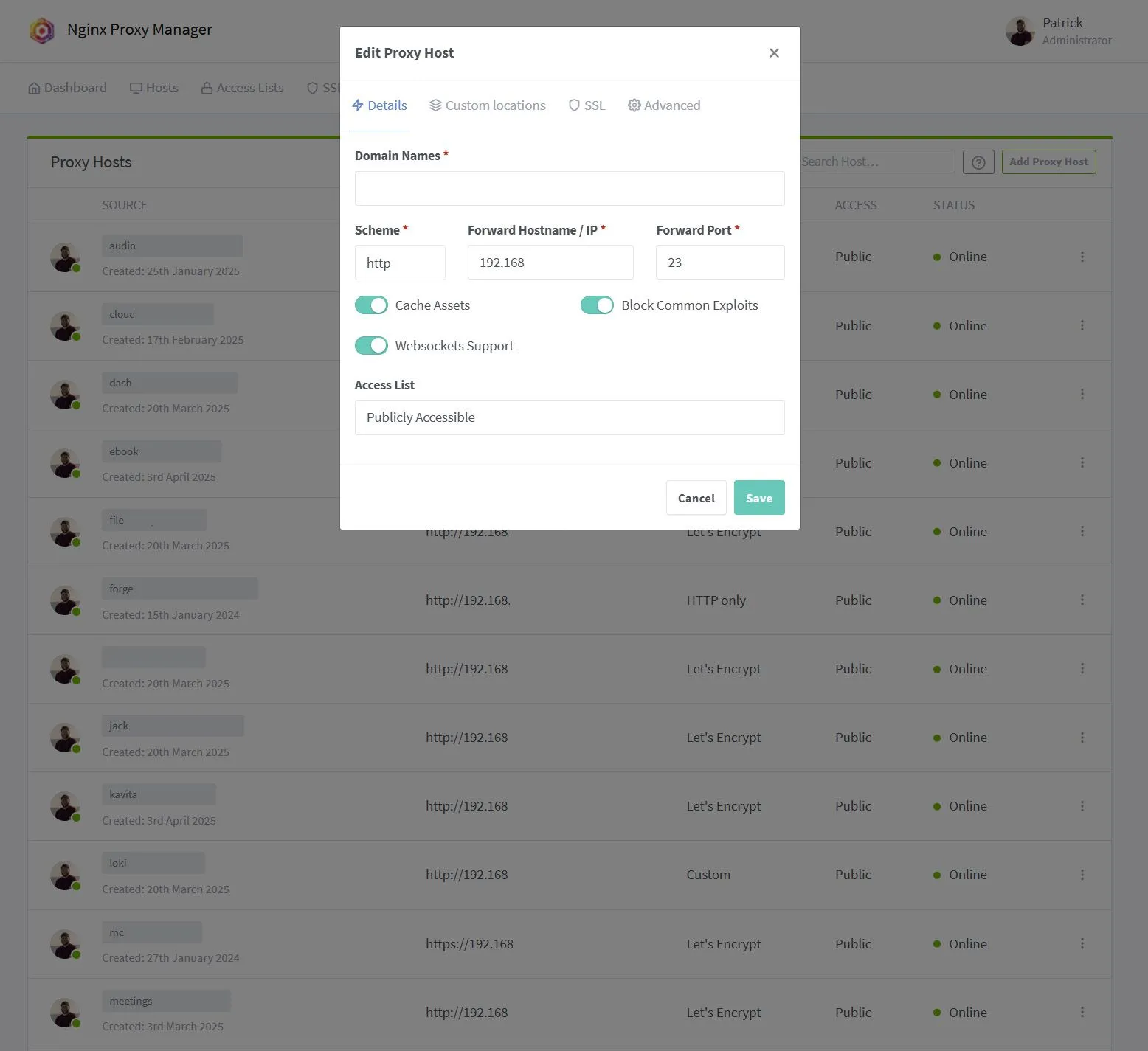 Thiết lập host mới trong giao diện Nginx Proxy Manager