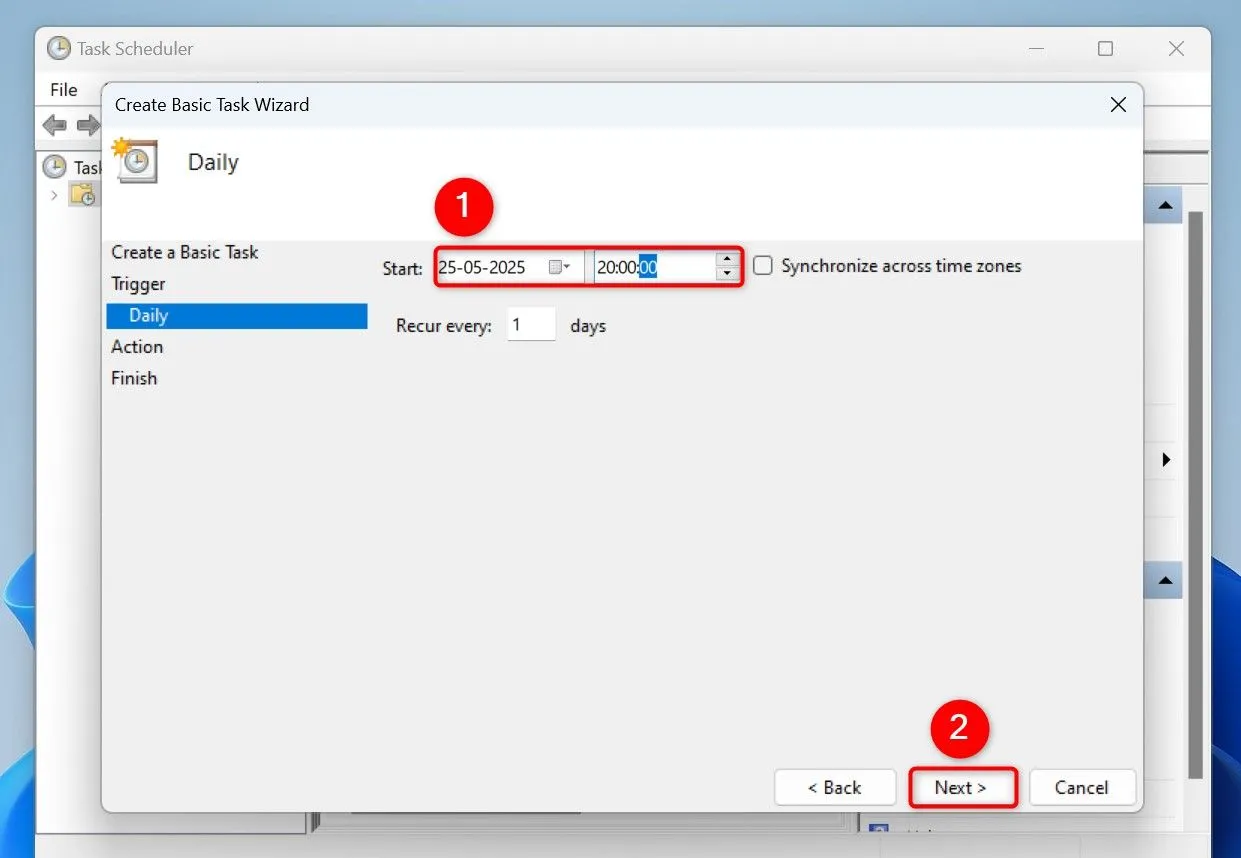 Thiết lập ngày và giờ bắt đầu cho tác vụ tự động xóa file tạm trong Task Scheduler