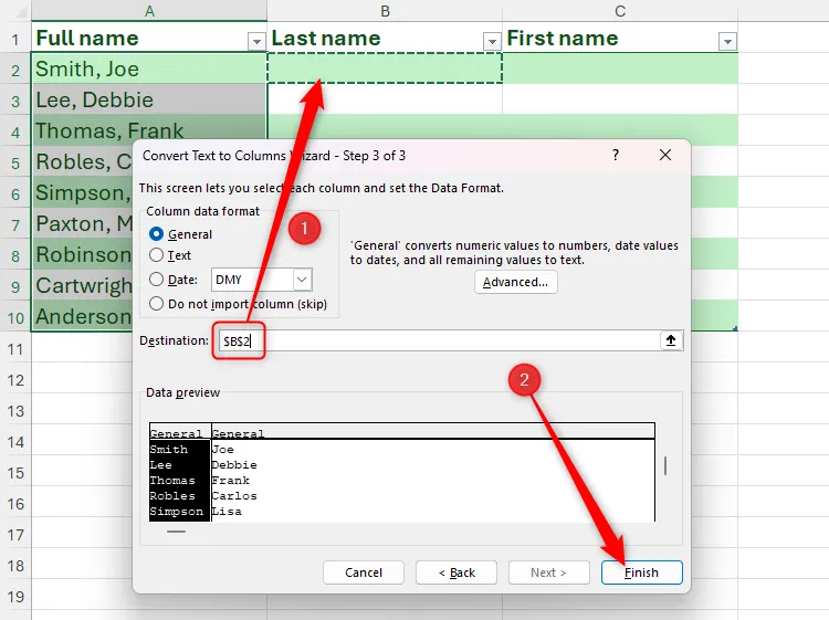 Thiết lập ô B2 làm điểm đến cho dữ liệu sau khi tách trong Excel