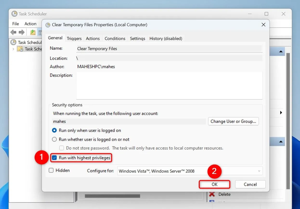 Thiết lập tác vụ chạy với quyền cao nhất trong cửa sổ Properties của Task Scheduler