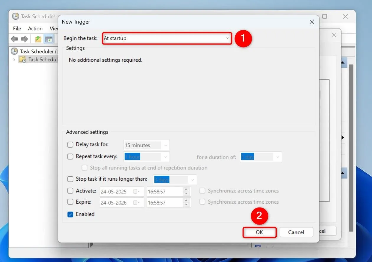 Thiết lập trigger để chạy tác vụ xóa file tạm tự động khi Windows 11 khởi động