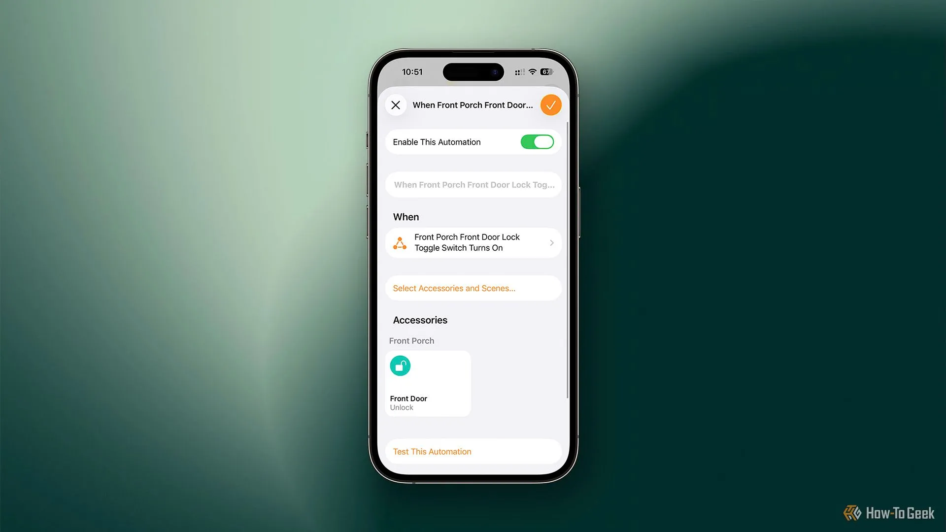Thiết lập tự động hóa HomeKit: công tắc ảo bật sẽ mở khóa cửa.