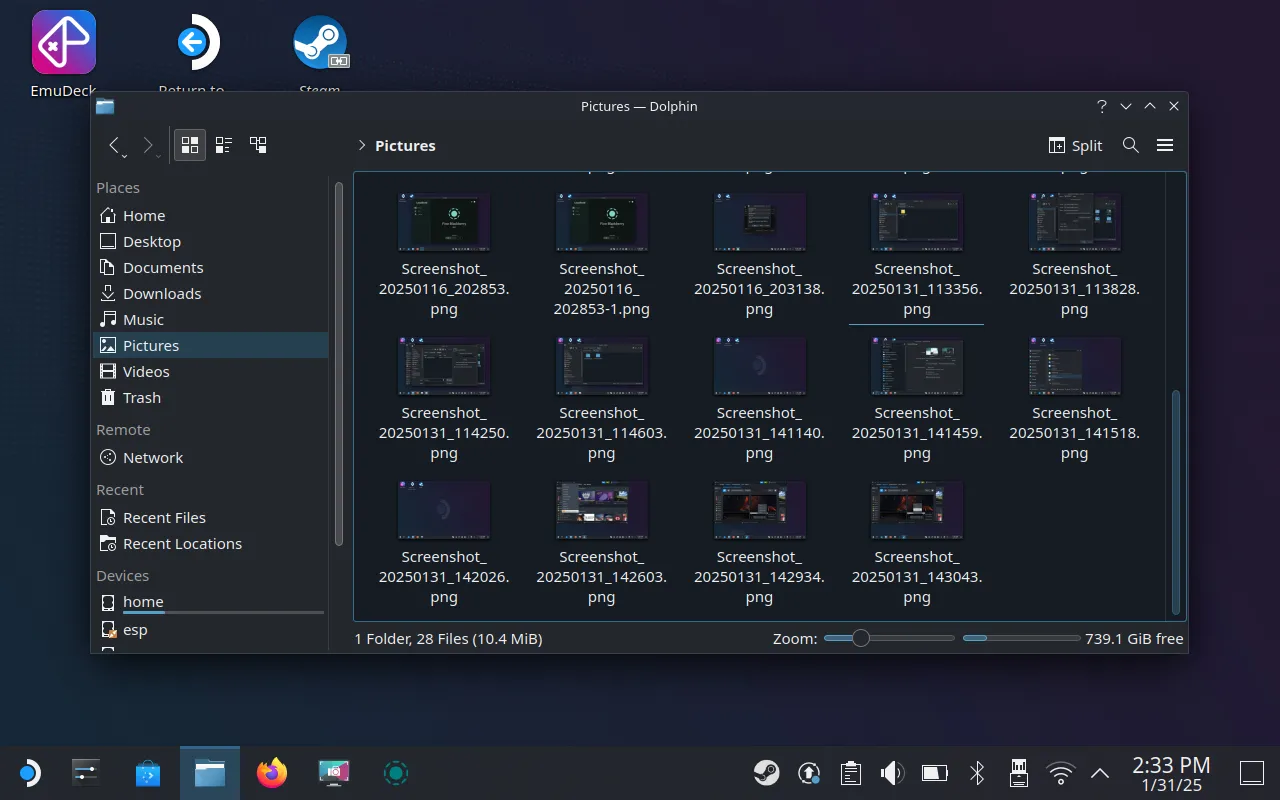 Thư mục &quot;Pictures&quot; trên SteamOS Desktop hiển thị các ảnh chụp màn hình đã lưu