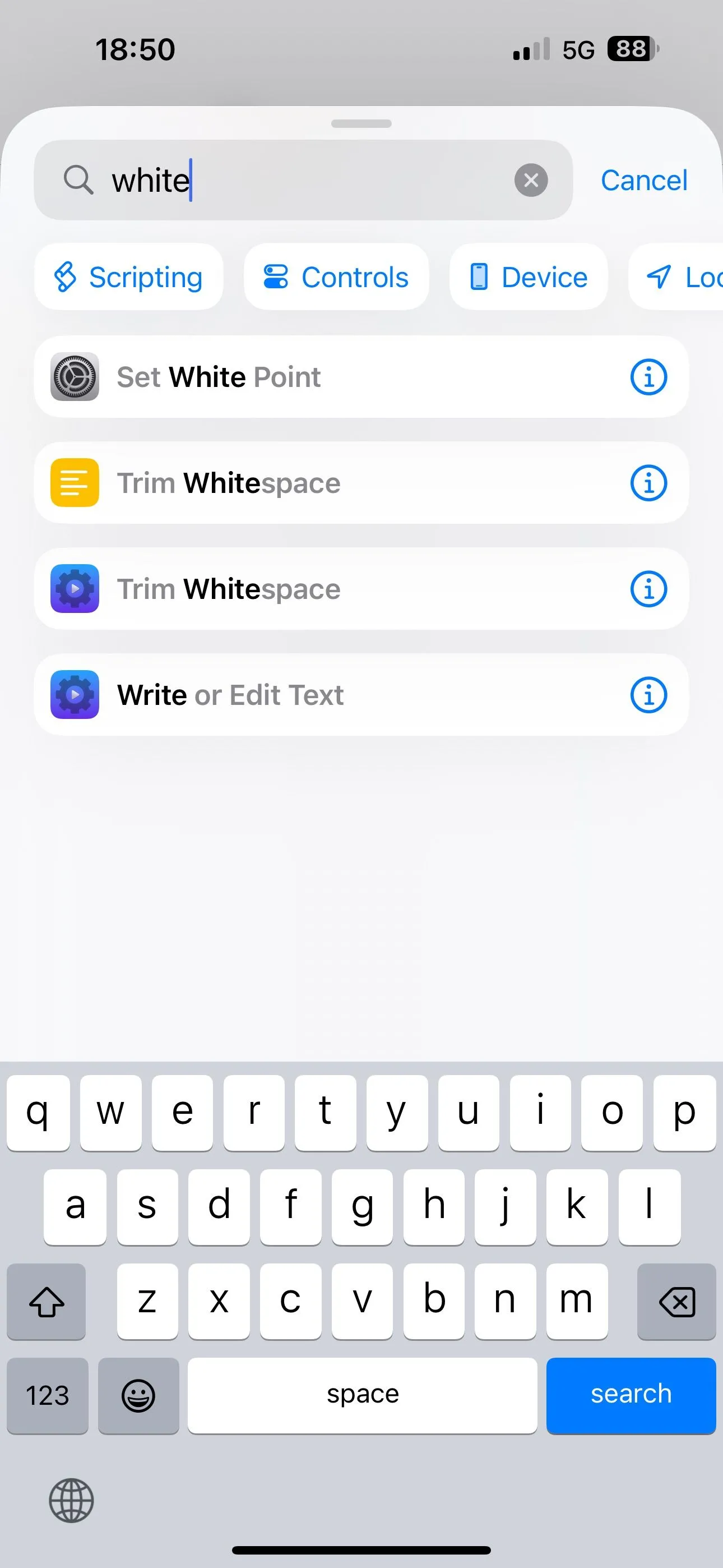 Tìm và thêm hành động &quot;Đặt Điểm trắng&quot; (Set White Point) khi tạo phím tắt trong ứng dụng Phím tắt iPhone.