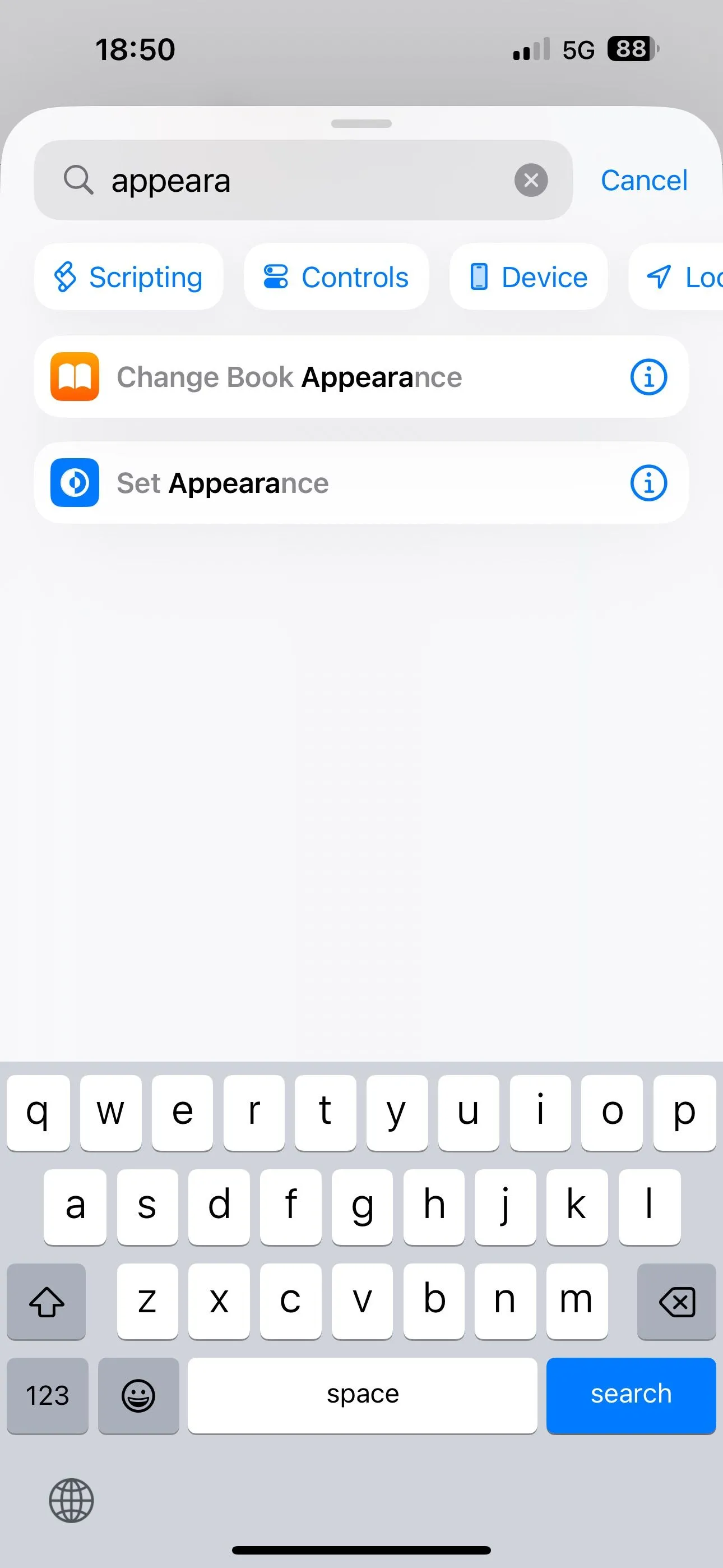 Tìm và thêm hành động &quot;Đặt Giao diện&quot; (Set Appearance) khi tạo phím tắt trong ứng dụng Phím tắt iPhone.
