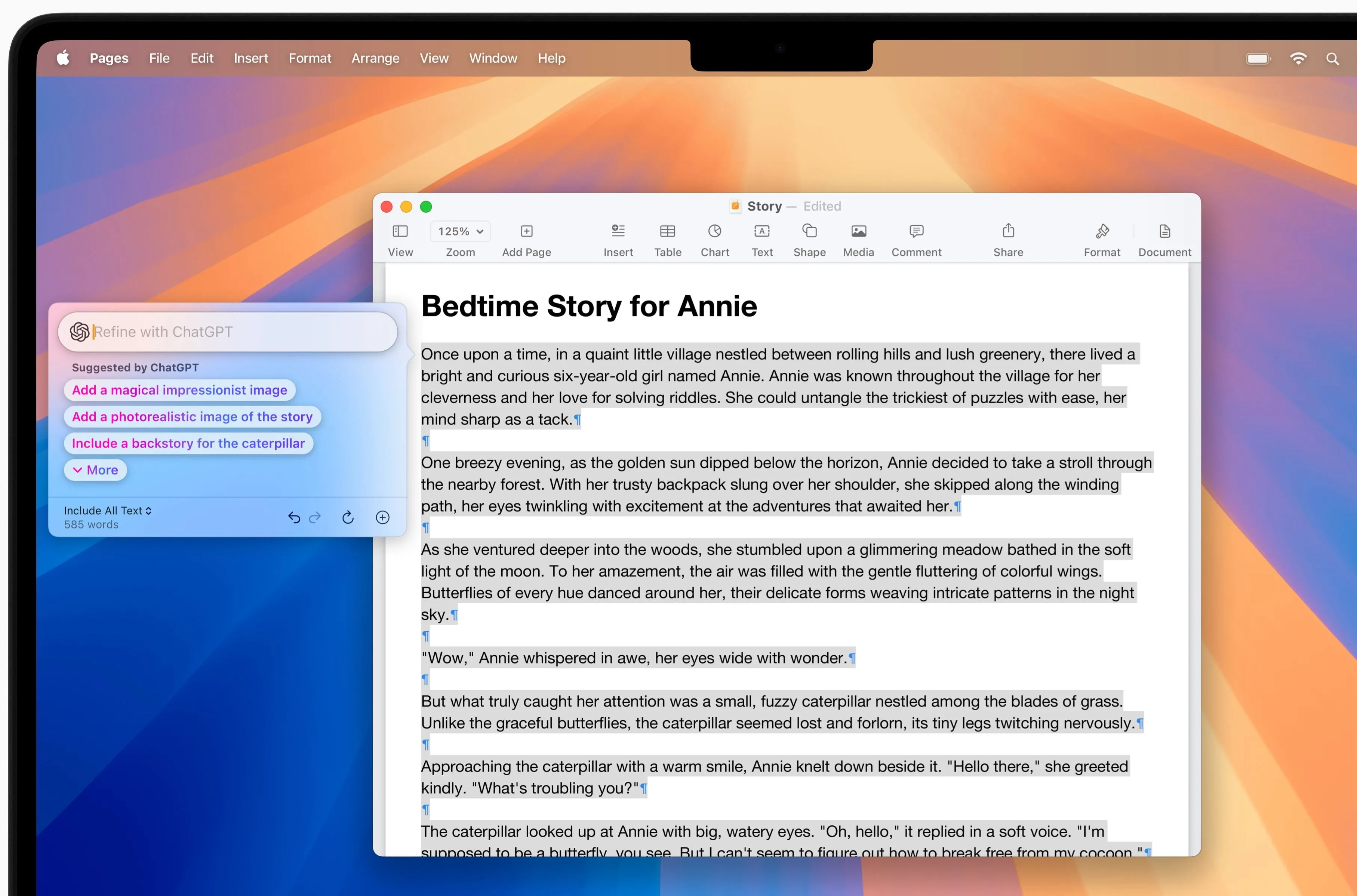Tính năng Apple Intelligence Writing Tools trên macOS Sequoia giúp tạo câu chuyện trên máy Mac.