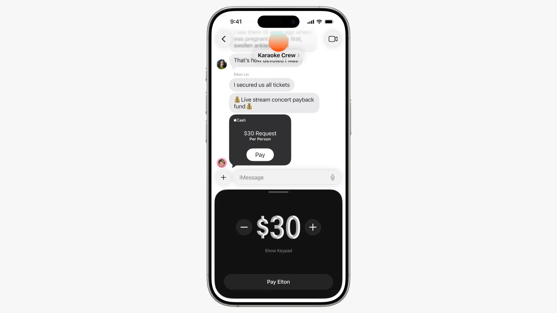 Tính năng tích hợp Apple Cash trong ứng dụng Tin nhắn Apple trên iOS 26, cho phép người dùng yêu cầu và gửi tiền trực tiếp trong các cuộc trò chuyện nhóm.