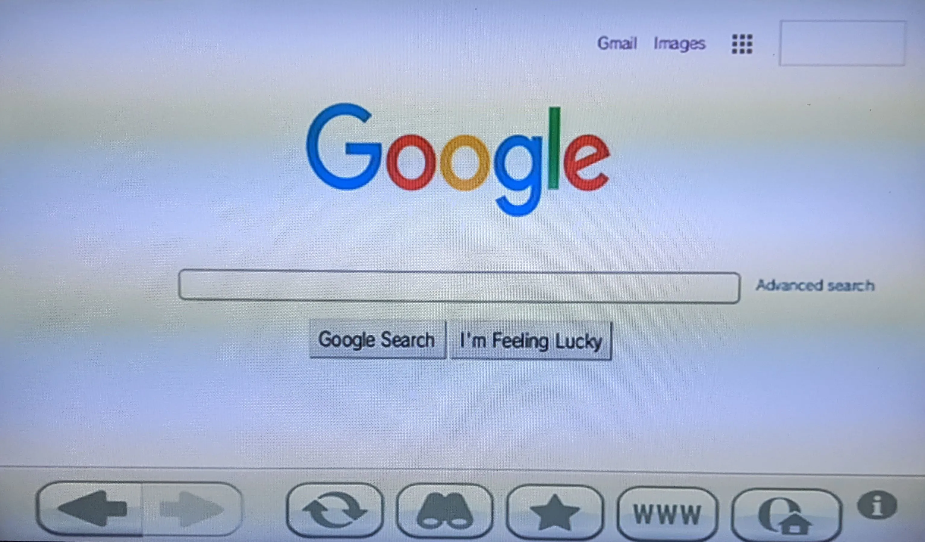 Trang chủ Google hiển thị trên trình duyệt web của Nintendo Wii, cho thấy khả năng truy cập cơ bản.