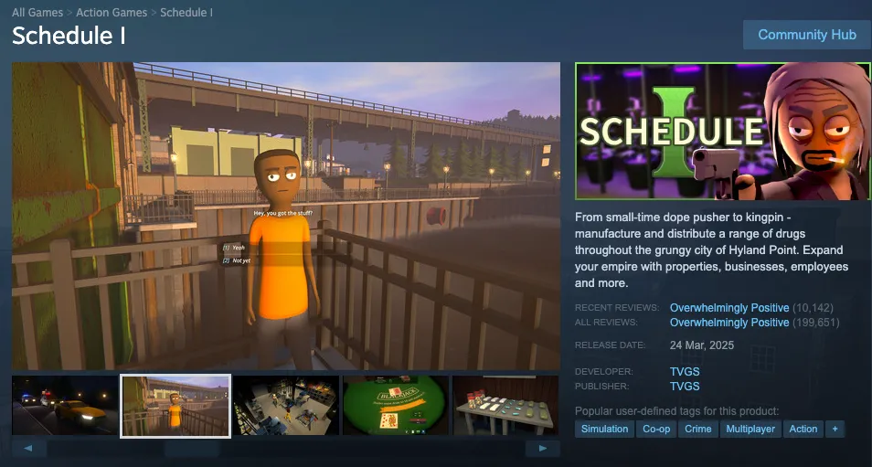 Trang cửa hàng của tựa game &quot;Schedule 1&quot; trên nền tảng Steam, minh họa giao diện chính thức của trò chơi.