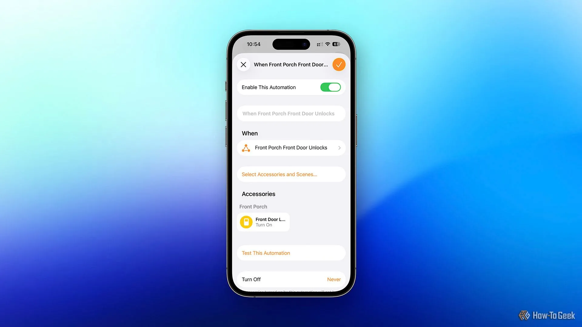 Tự động hóa HomeKit: cửa được mở khóa sẽ bật công tắc ảo.