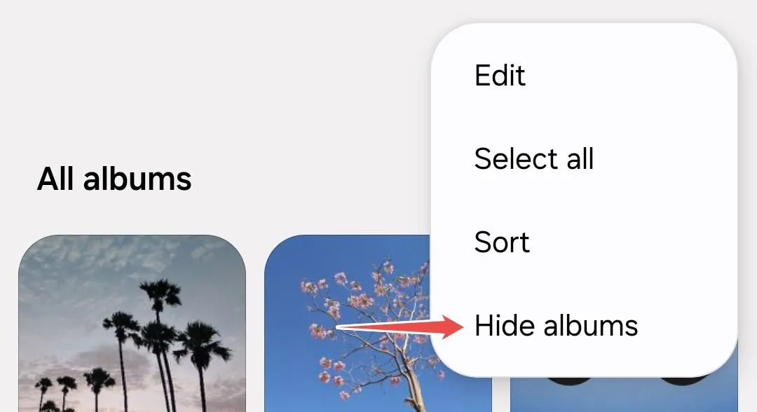 Tùy chọn &quot;Ẩn album&quot; trong menu của ứng dụng Thư viện Samsung