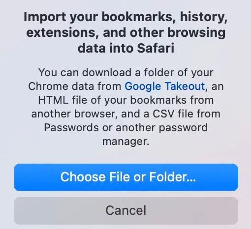 Tùy chọn &quot;Chọn Tệp hoặc Thư mục&quot; trong công cụ nhập dữ liệu Safari trên máy Mac.