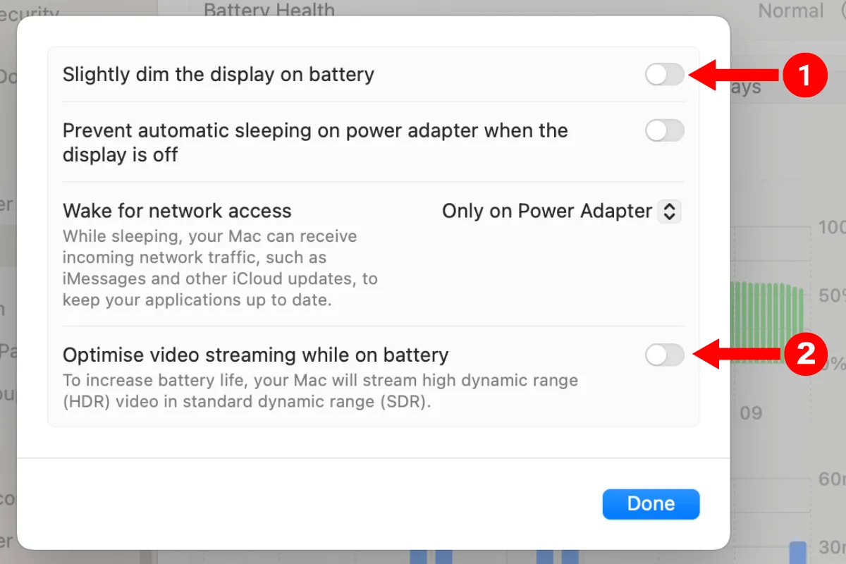 Tùy chọn làm mờ màn hình và tối ưu phát video khi dùng pin trong cài đặt Pin MacBook.