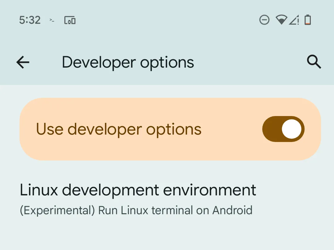 Tùy chọn &quot;Môi trường phát triển Linux&quot; trong Cài đặt nhà phát triển trên điện thoại Google Pixel