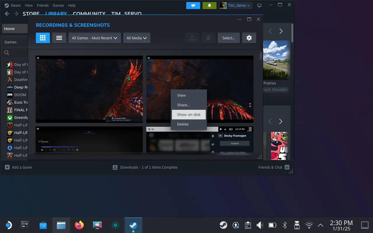 Tùy chọn &quot;Show on Disk&quot; để tìm vị trí lưu trữ ảnh chụp màn hình Steam Deck trên hệ thống