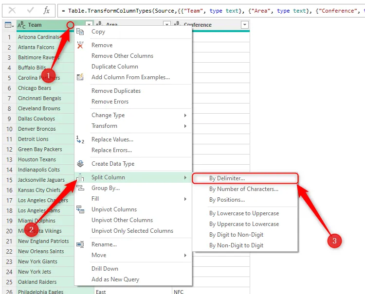 Tùy chọn Split Column By Delimiter trong Power Query Editor của Excel
