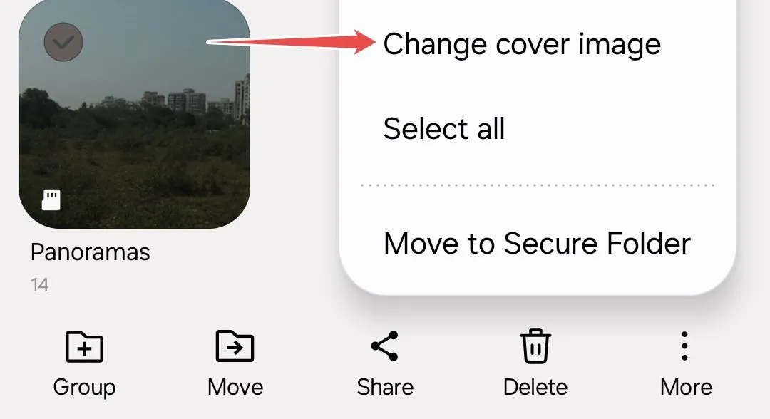 Tùy chọn &quot;Thay đổi ảnh bìa&quot; trong menu của ứng dụng Thư viện Samsung