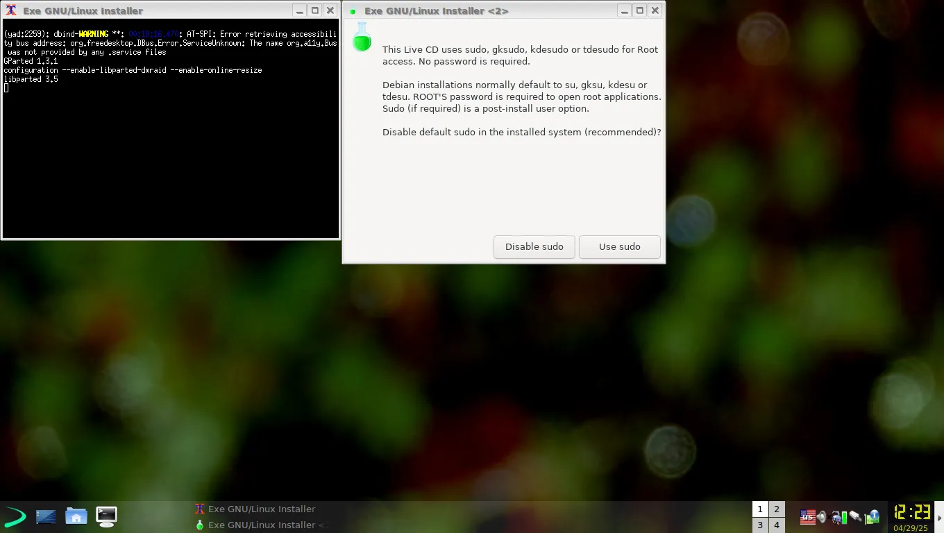 Tùy chọn vô hiệu hóa sudo trong quá trình cài đặt EXE GNU/Linux, khuyến khích tạo tài khoản root riêng