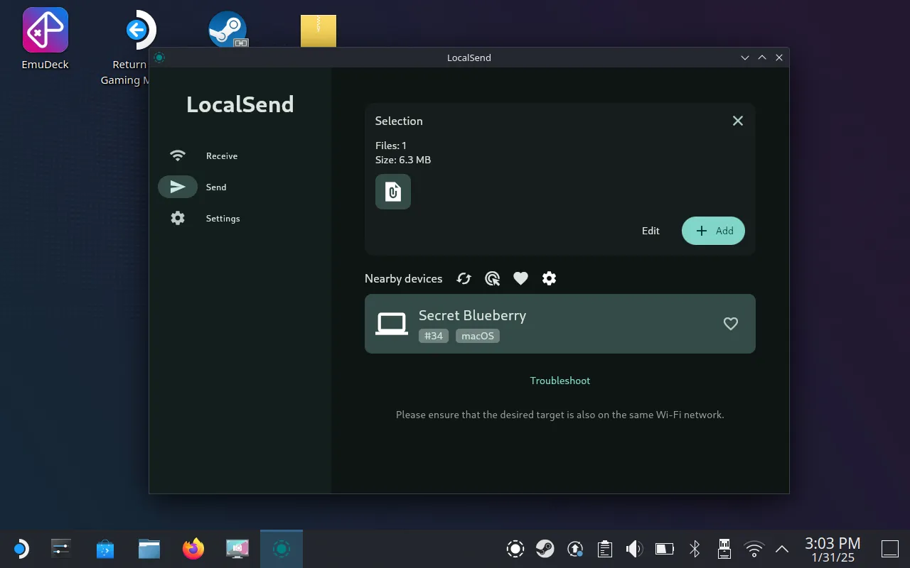 Ứng dụng LocalSend trên Steam Deck đang chuyển file ảnh không dây đến máy Mac