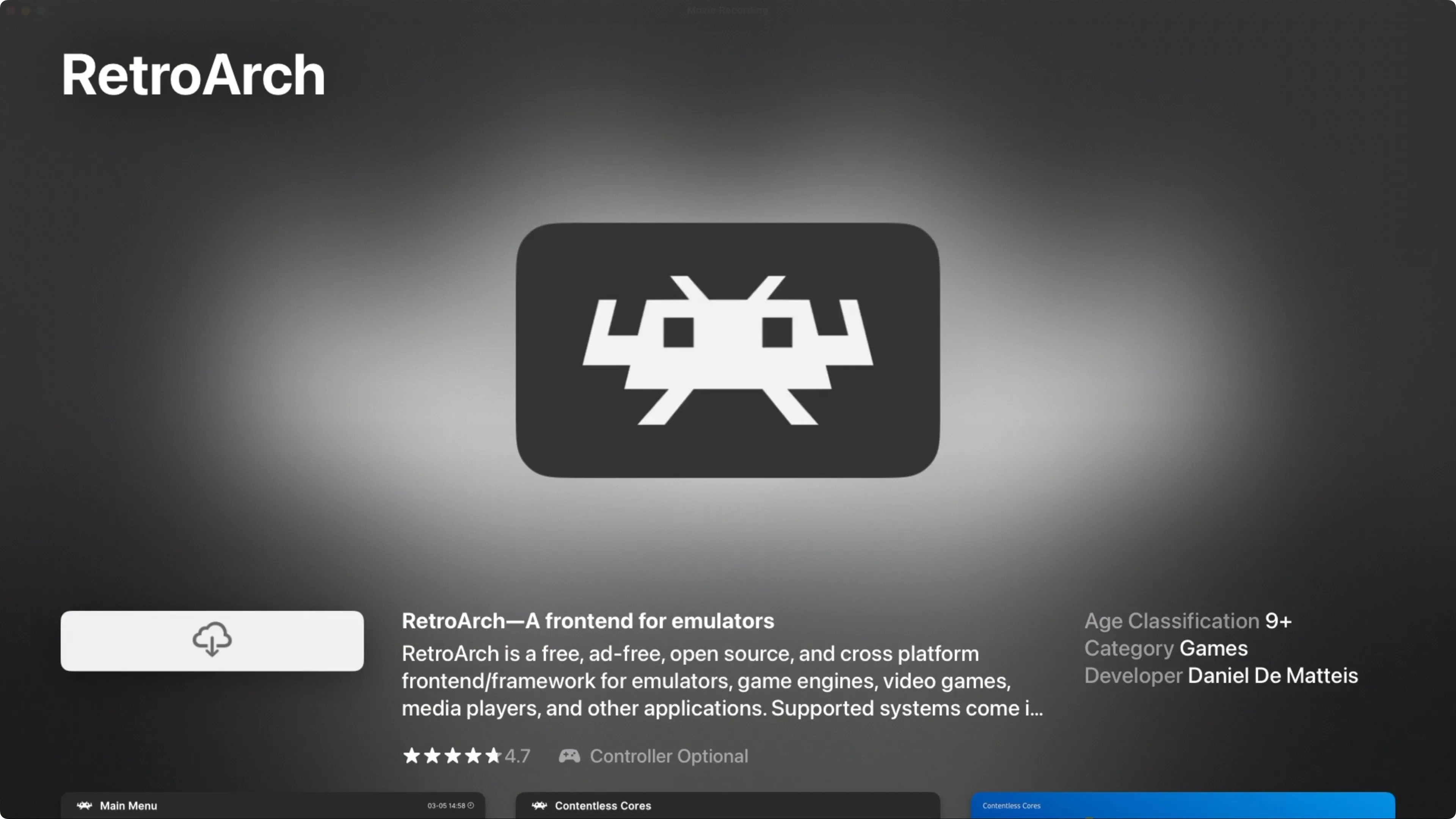 Ứng dụng RetroArch trên App Store của tvOS