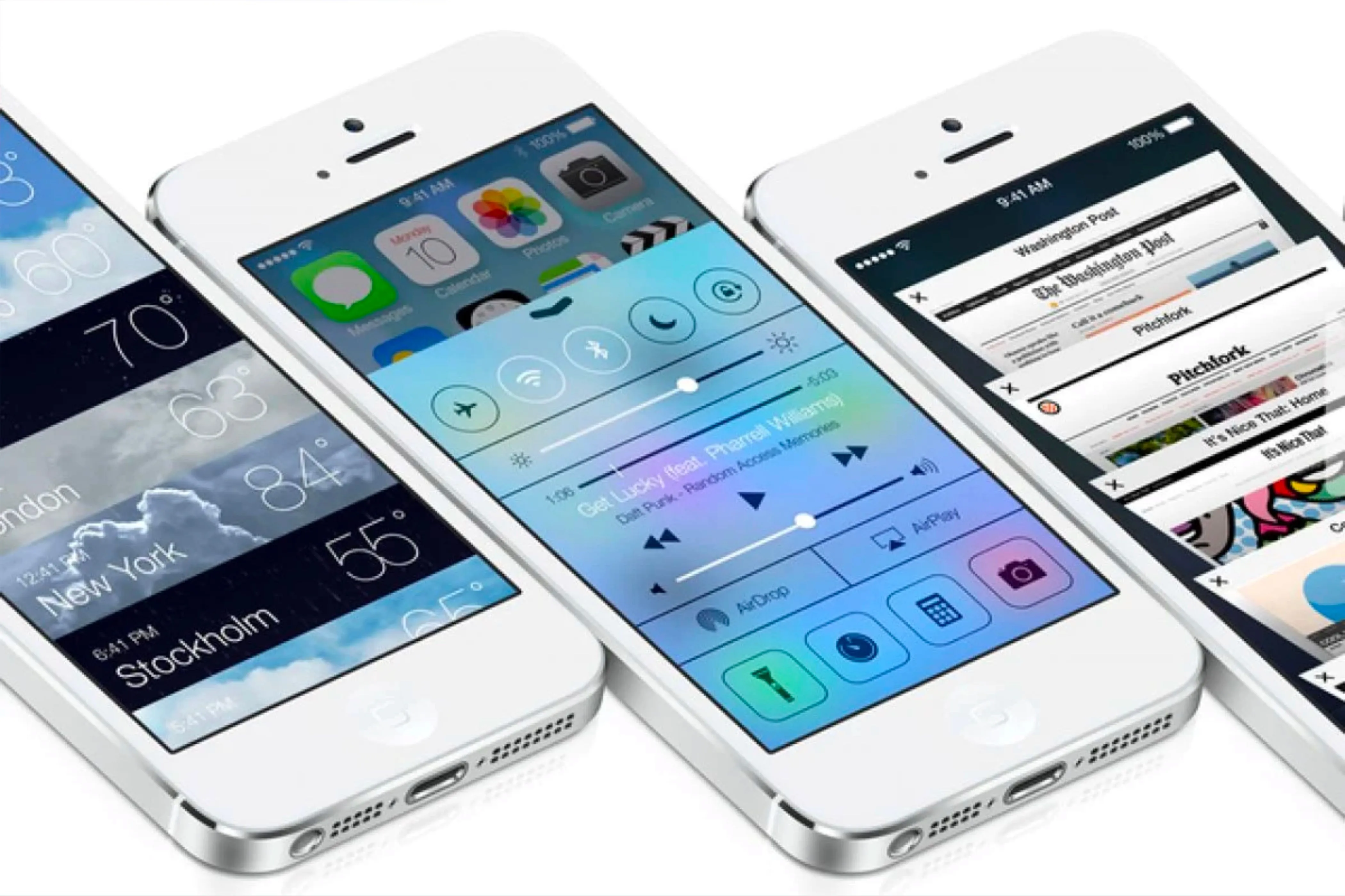 Ứng dụng thời tiết và Safari, cùng với Control Center, đang hiển thị trên iPhone chạy iOS 7.