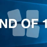 Văn bản "End of 10" trên hình nền Windows 10, minh họa việc kết thúc hỗ trợ phần mềm tương tự như chính sách AUE của Chromebook.
