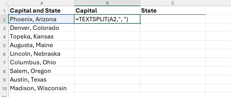 Ví dụ sử dụng hàm TEXTSPLIT để tách thủ đô và tiểu bang trong Excel