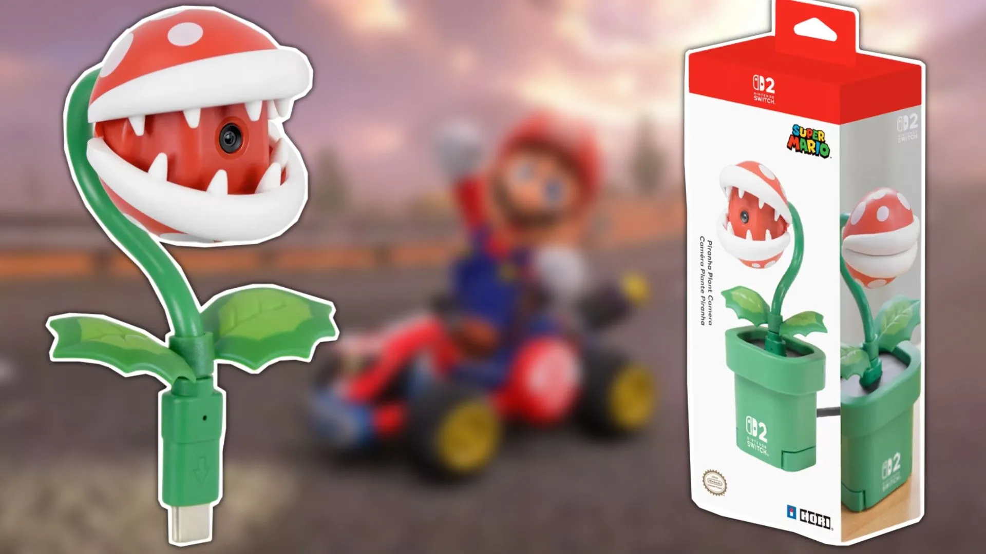 Webcam USB-C Hori Piranha Plant cho Nintendo Switch 2 trước hình ảnh Mario trong Mario Kart World