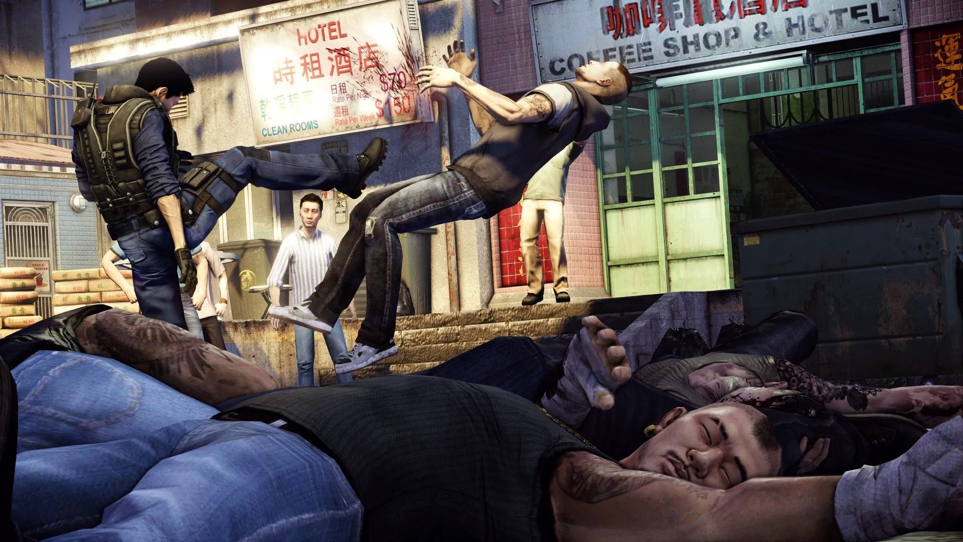 Wei Shen tung cú đá uy lực vào đối thủ trong Sleeping Dogs, minh họa lối chiến đấu võ thuật đặc sắc.