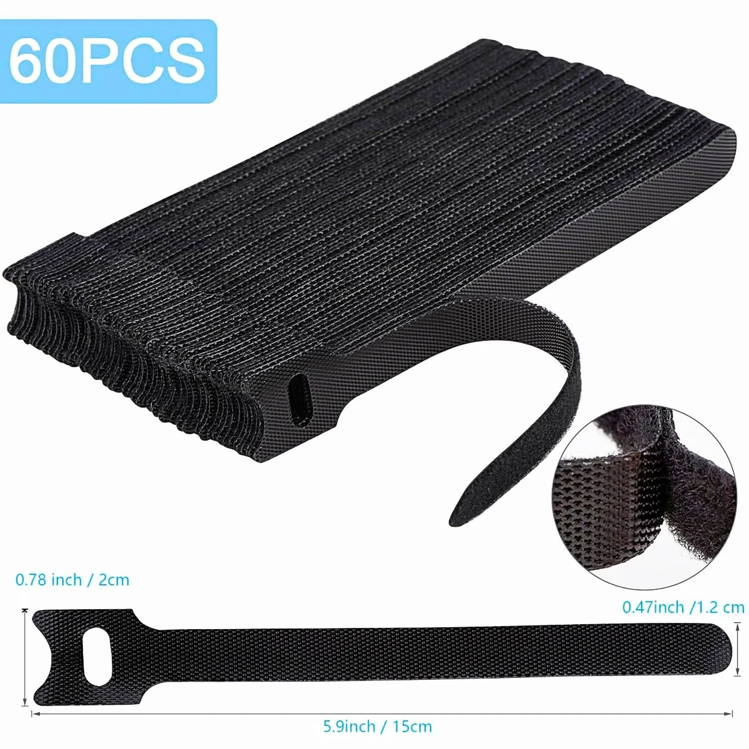 60 chiếc dây buộc cáp tái sử dụng Nettbe dài 6 inch màu đen trên nền trắng, một giải pháp hiệu quả để sắp xếp dây điện.