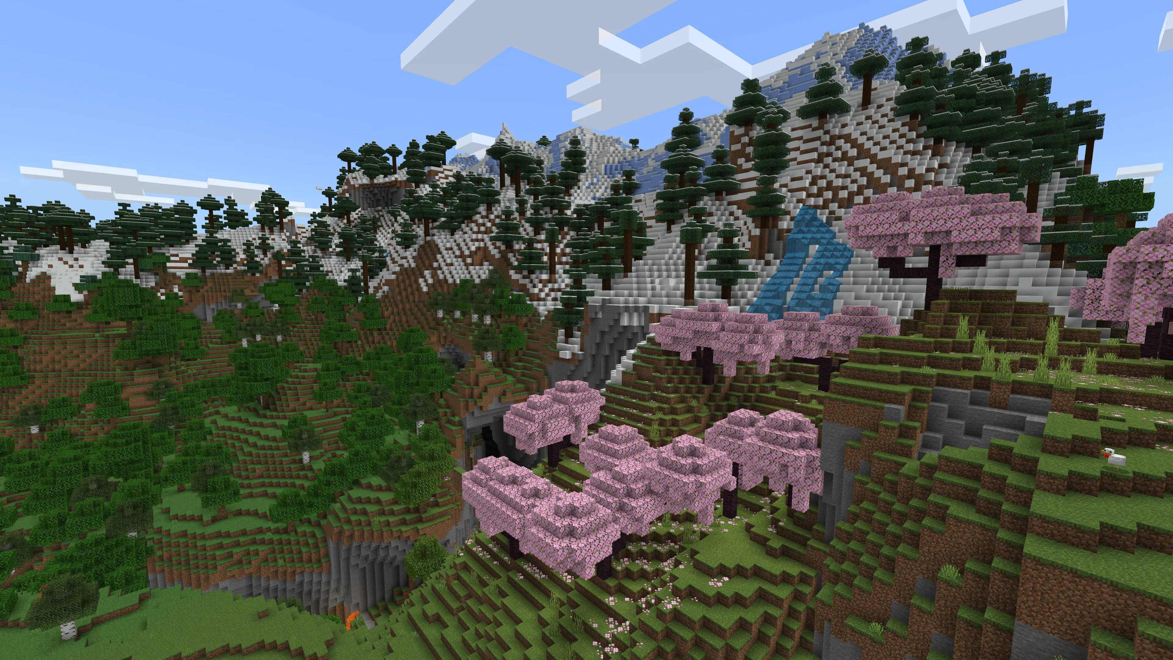 Ảnh chụp màn hình quảng bá Minecraft với nhiều quần xã sinh vật khác nhau, thể hiện sự đa dạng của thế giới game.