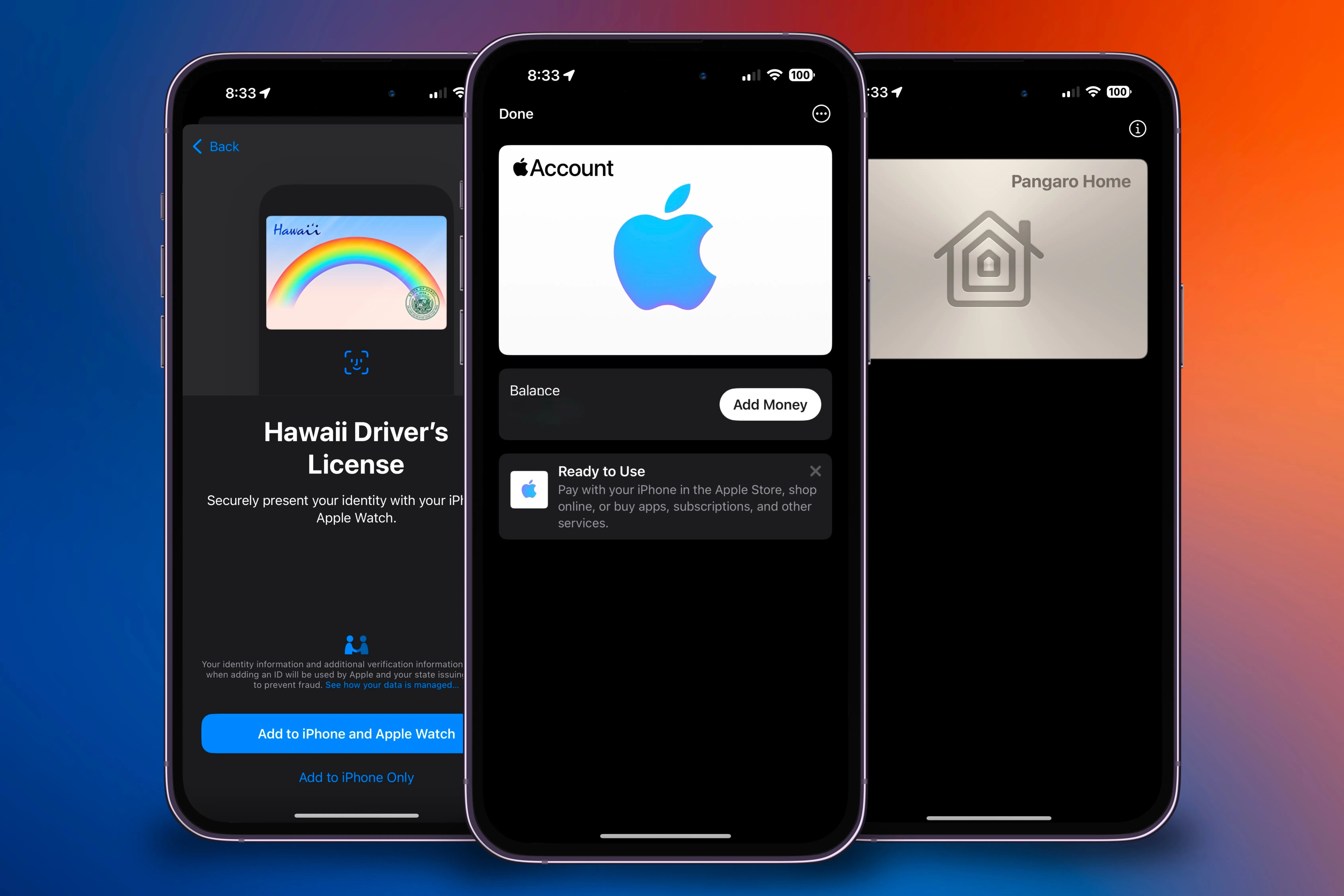 Ba chiếc iPhone minh họa các loại thẻ được hỗ trợ trên Apple Wallet, bao gồm thẻ bằng lái xe và các thẻ khác.