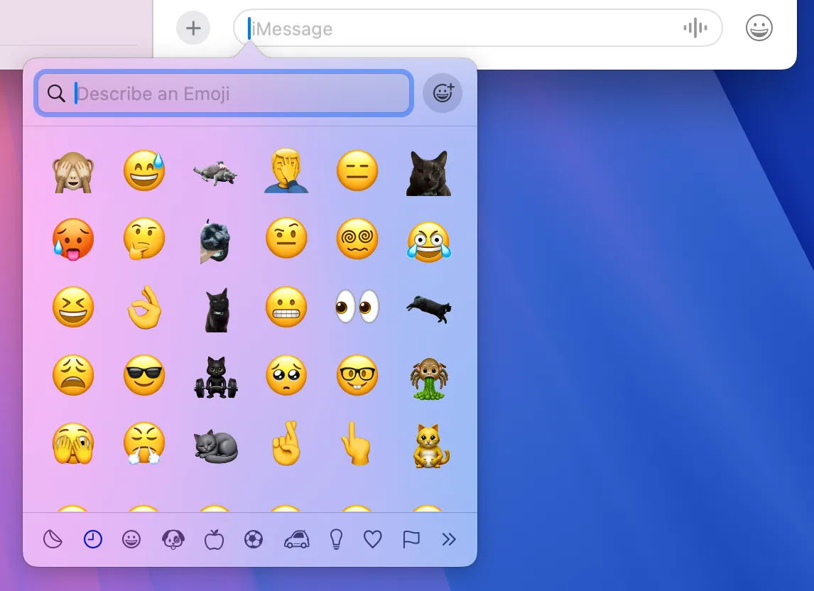 Bảng chọn emoji trên macOS hiển thị nhiều biểu tượng cảm xúc và thanh tìm kiếm để chọn nhanh.