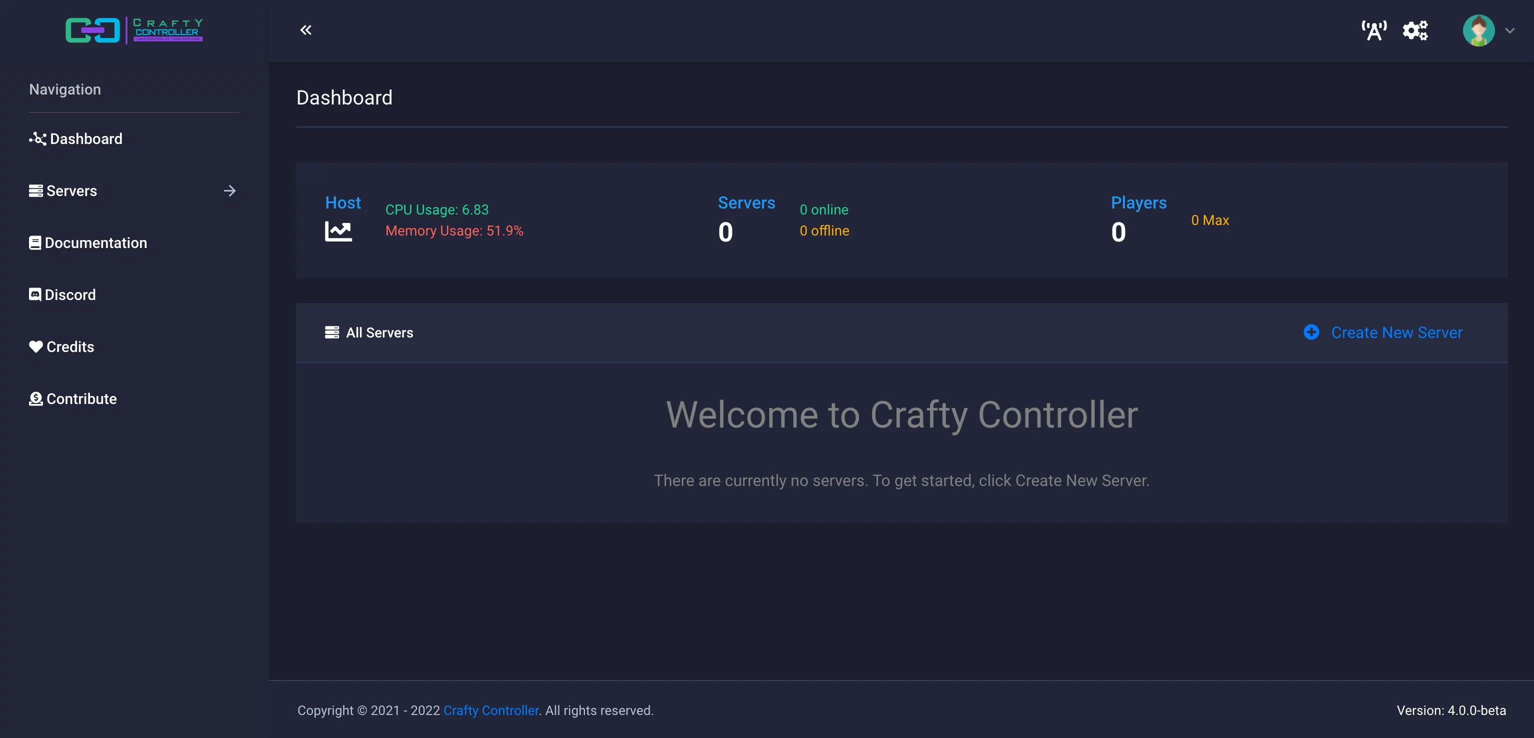 Bảng điều khiển (Dashboard) của Crafty Controller 4, một phần mềm quản lý máy chủ Minecraft đa nền tảng với nhiều tùy chọn.