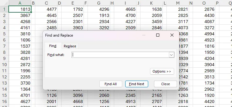 Bảng tính Excel chứa các số ngẫu nhiên với hộp thoại 'Tìm và Thay thế' được mở bằng Ctrl+F.
